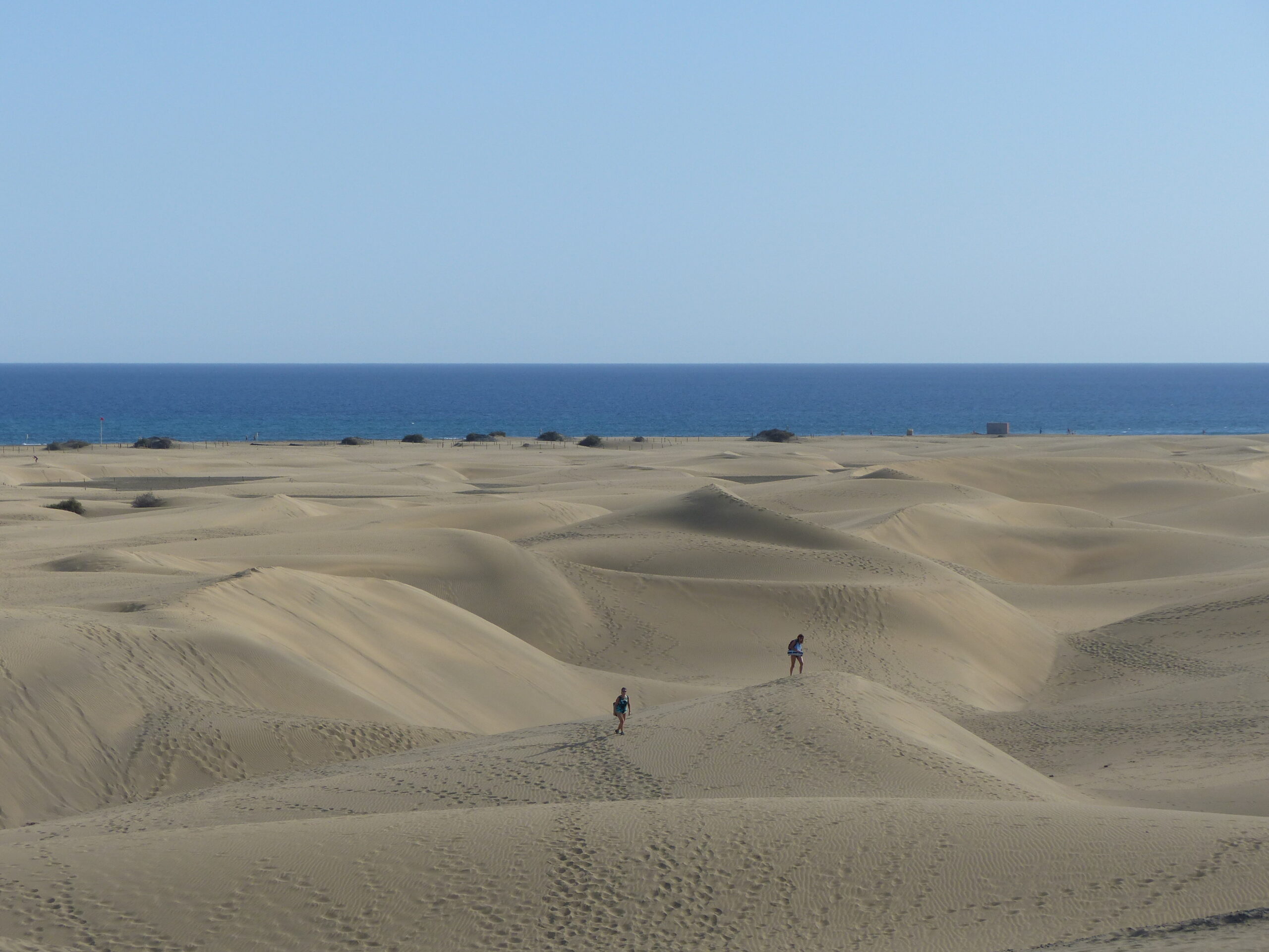 Weite Sanddünen von Maspalomas auf Gran Canaria mit Blick auf den Atlantik unter blauem Himmel.
