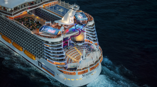 SY, Symphony of the Seas, aerials, 3/4 aft overhead view of ship, AquaTheater, basketball court, FlowRider, Ultimate Abyss, Mini Golf, night time, evening, dusk,